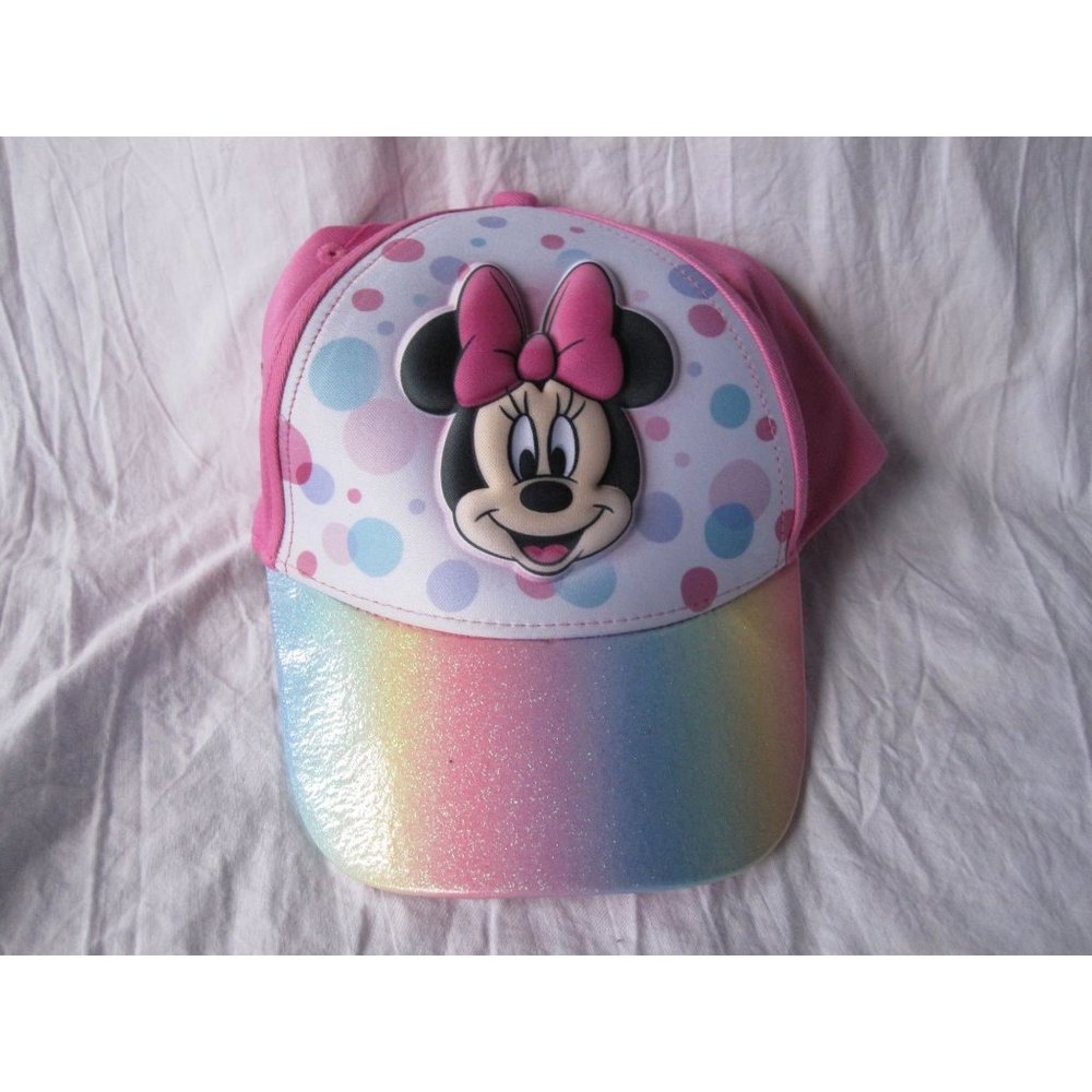 Cute Girls Disney Minnie Mouse Pink Hat Cap with Glitter Rainbow Brim OSFA